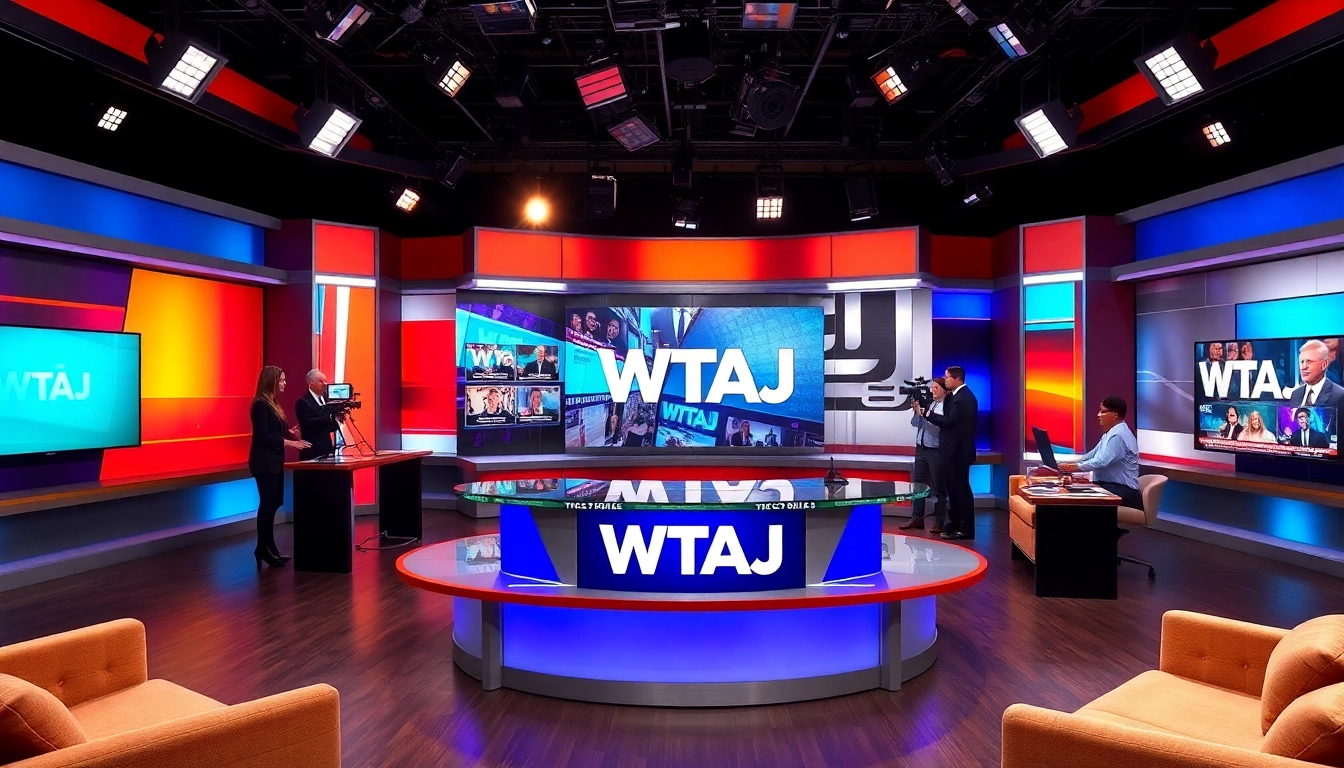 WTAJ logo displayed in a lively news studio with journalists collaborating.