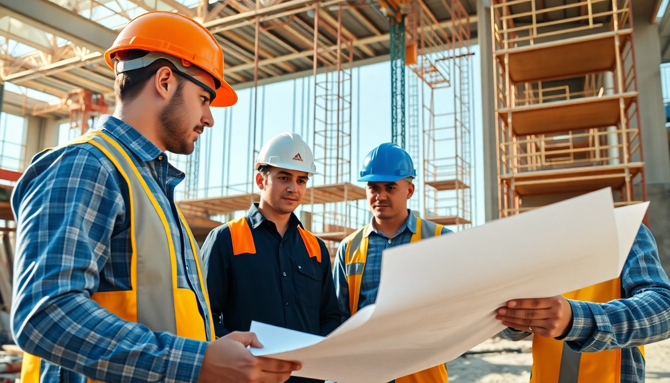 Construction quality management in action as workers analyze blueprints on a busy site.