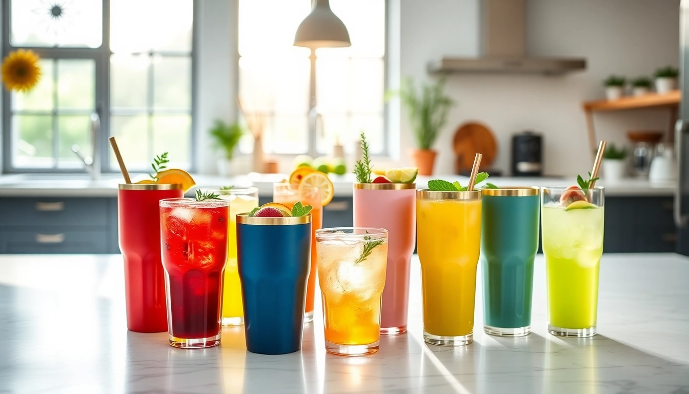 Stylish tumblers beautifully arranged with refreshing beverages and garnishes on a table.