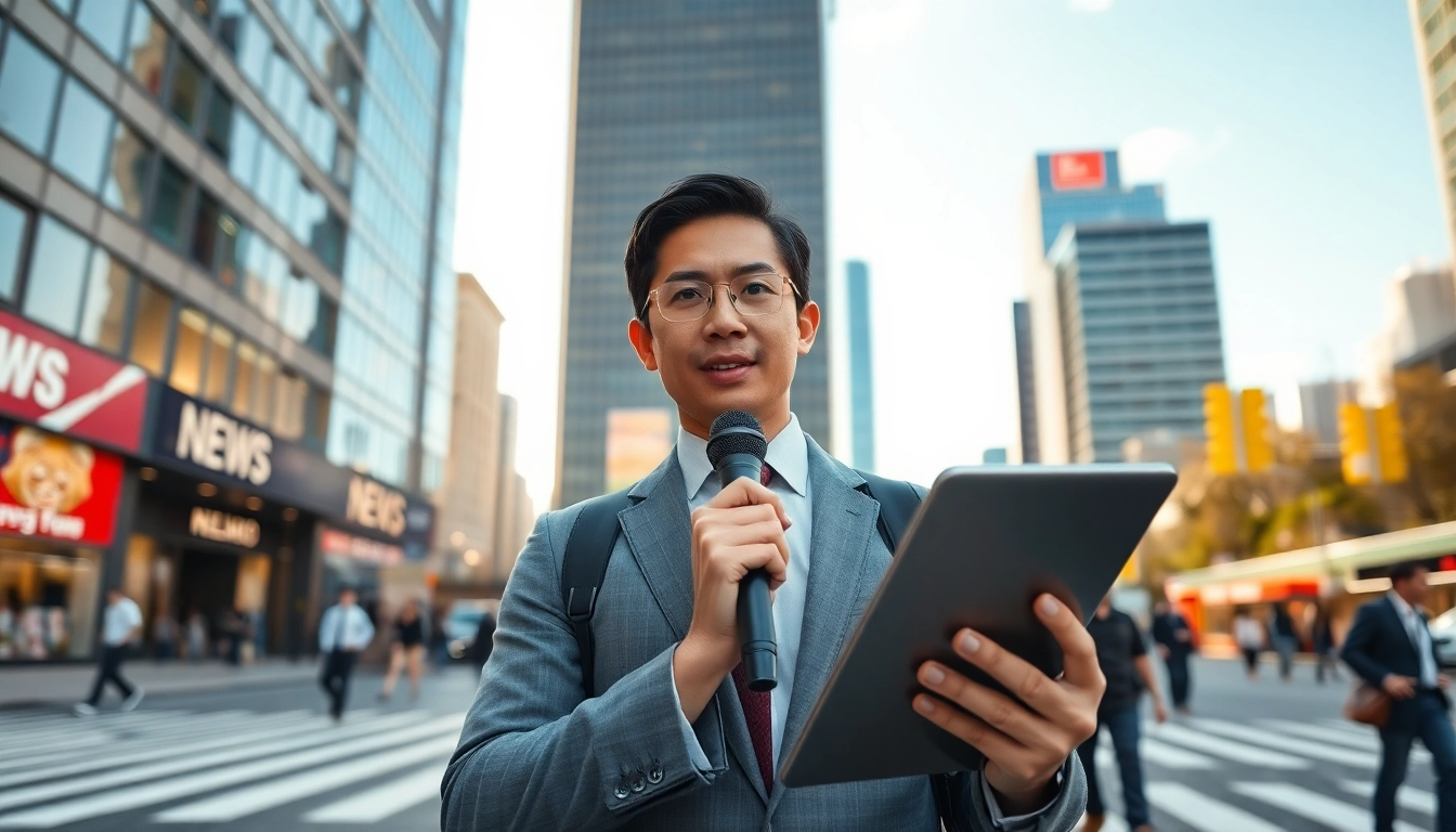 Capture news reporter engaging with the urban environment and technology.