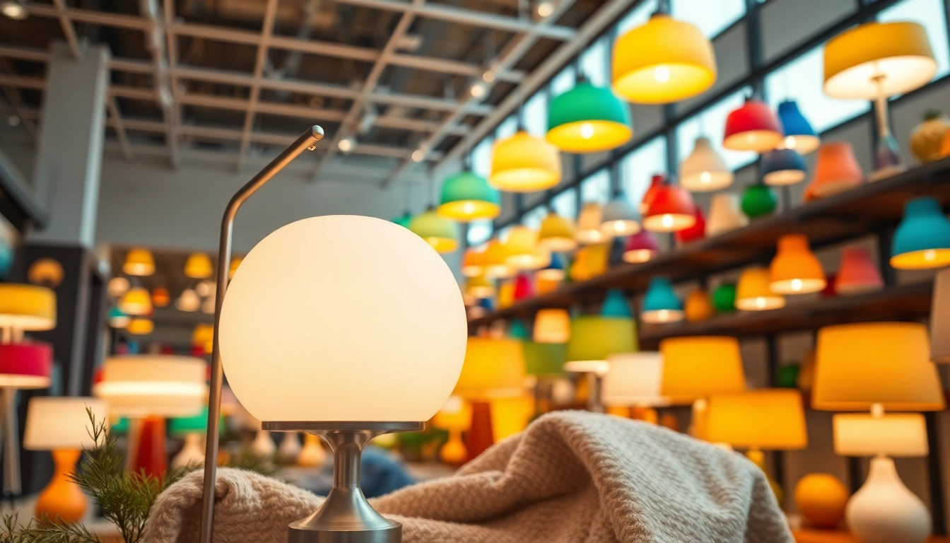 Showcase ELC Lamps Online with variety of modern designs in lively showroom setting.
