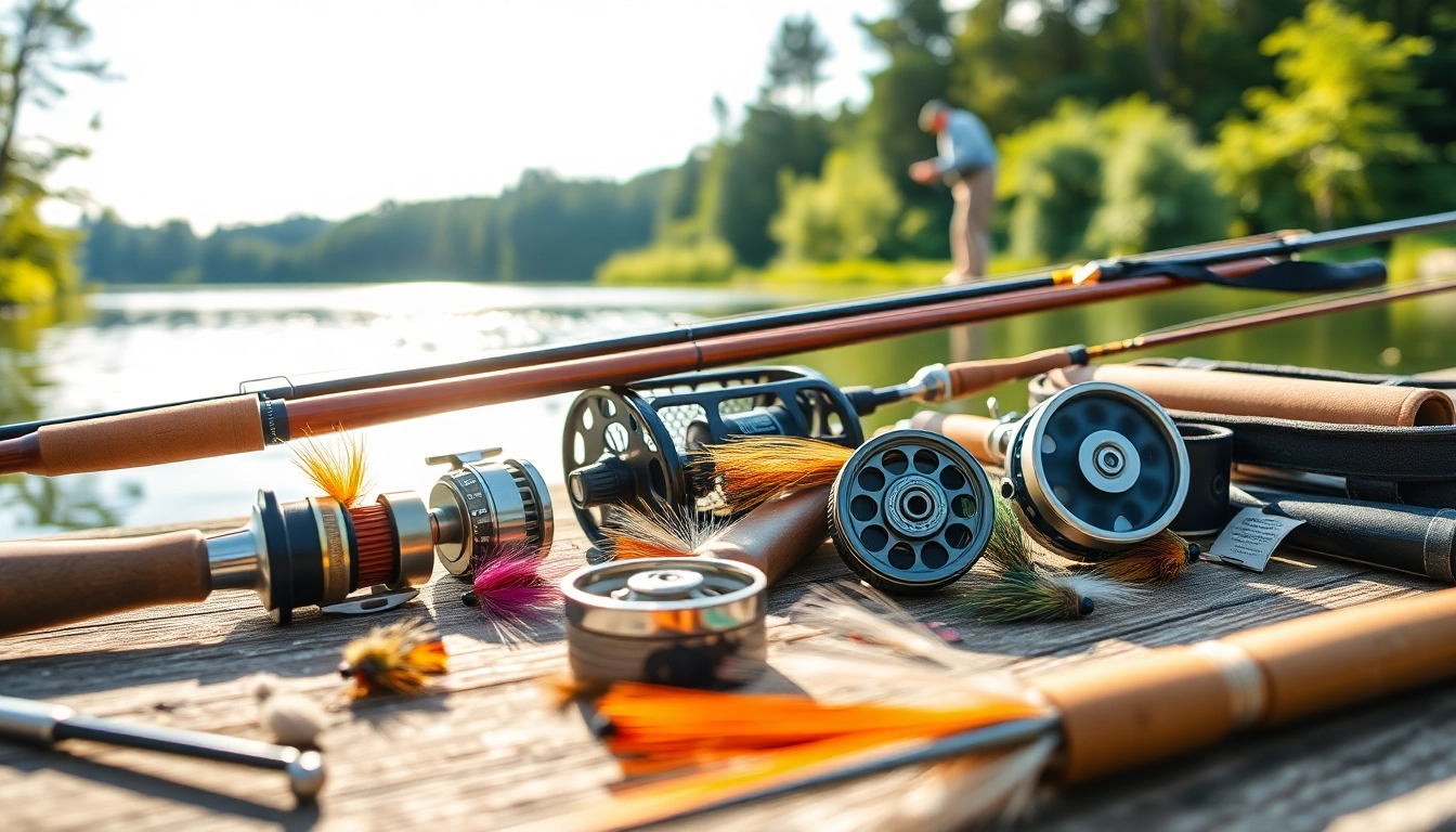 Showcasing fly fishing gifts laid out by a serene lake, perfect for outdoor enthusiasts.
