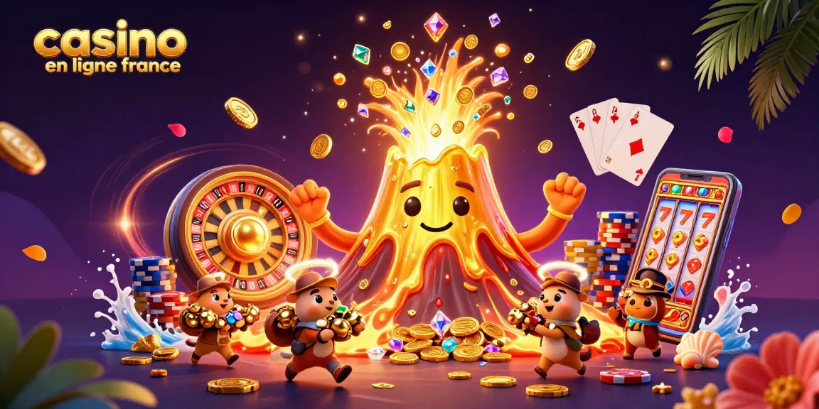Une illustration dynamique du casino en ligne France avec un volcan doré et des trésors de jeu.