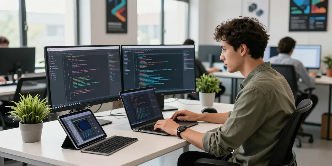 Modern coding workspace showcasing programmer utilizing 纸飞机中文版官网 for efficient app development in a bright tech office.