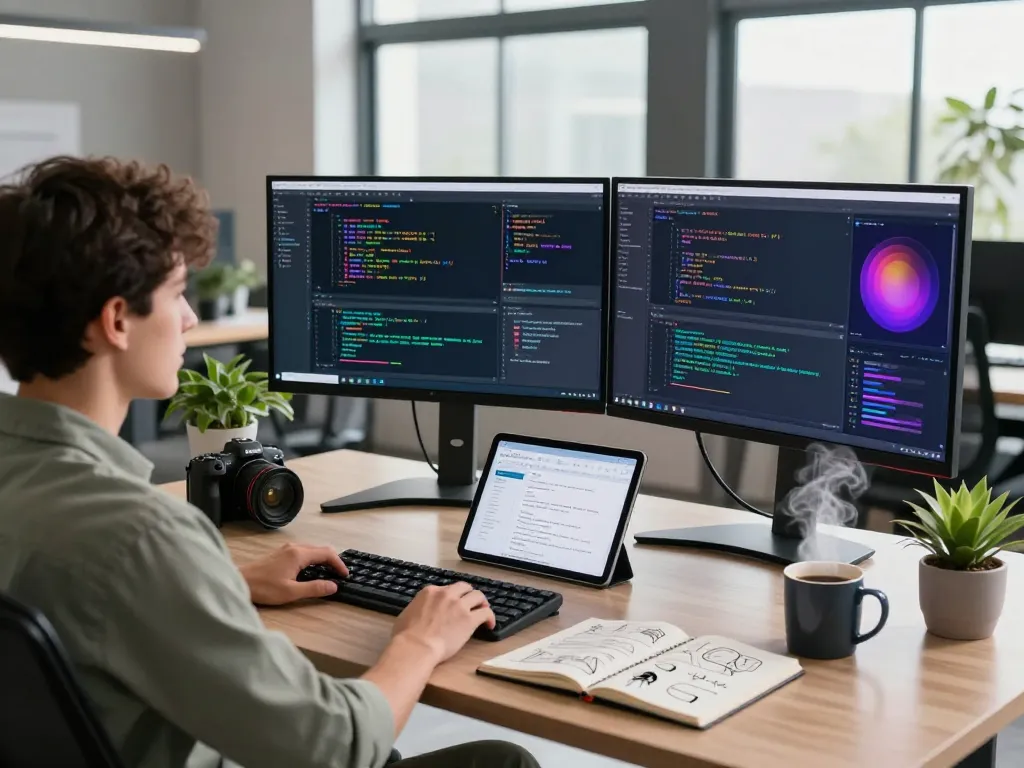 An engaged developer coding with multiple monitors in a modern workspace focusing on the capabilities of the molt bot.