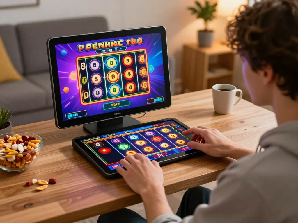 Engaging in slot depo 1k gameplay at home with comfortable gaming setup and vibrant screen displays