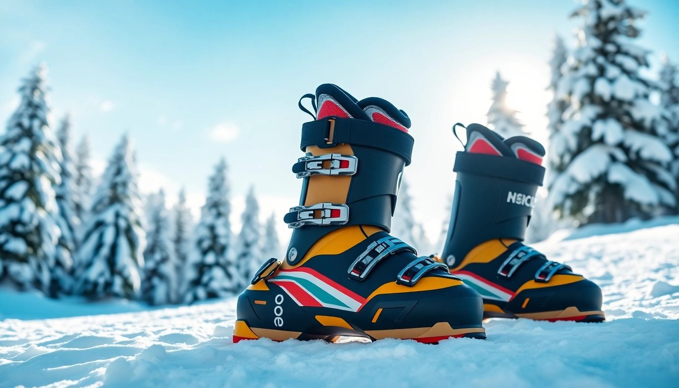 Showcasing ski boots on a snowy mountain, emphasizing their design and features.