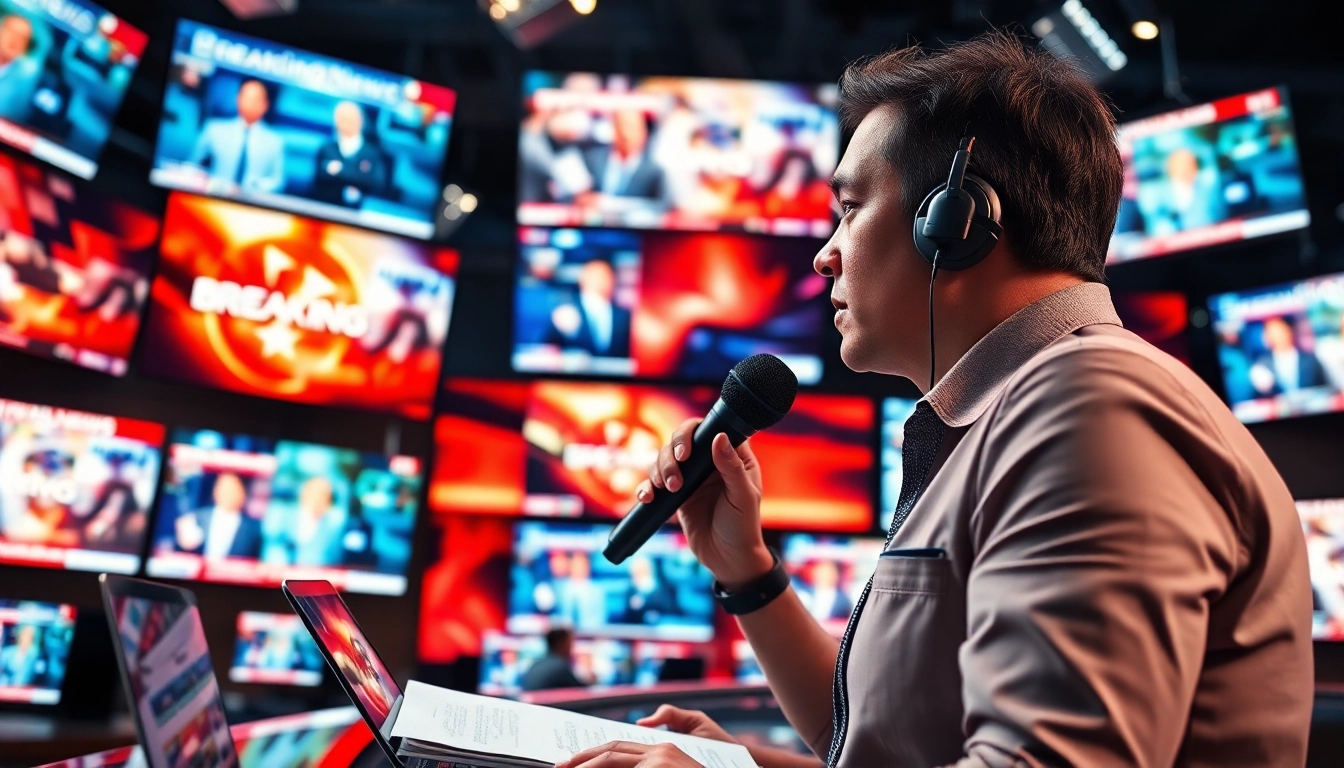 Watch a journalist report the latest News in a dynamic newsroom setting.