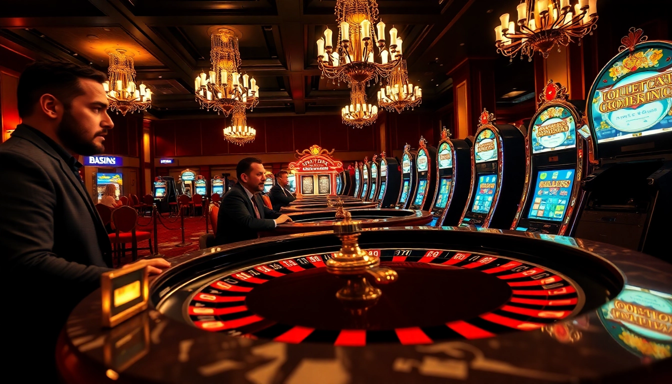 Aksi seru bermain situs toto di kasino dengan mesin slot dan pemain yang bersemangat.