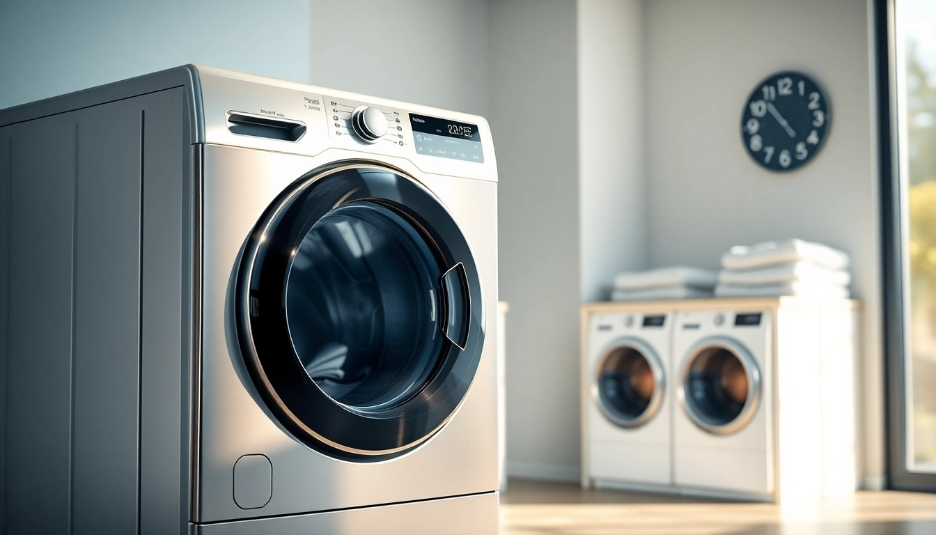 Showcase of a high-efficiency laundry machine in a contemporary setting with a stainless steel finish