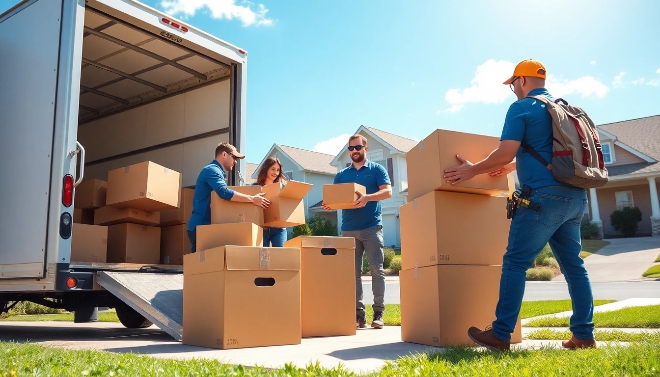 Moving Services Near Me: Professional movers assisting a family in a suburban neighborhood.