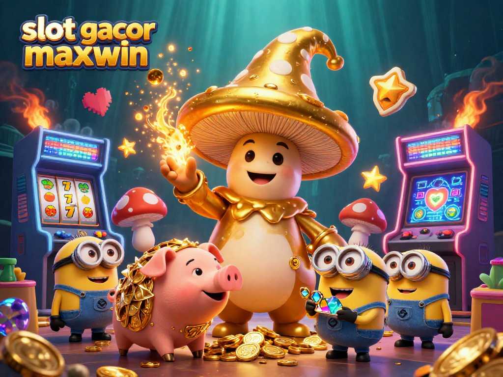 Experience the thrill of slot gacor maxwin in a dazzling arcade scene filled with treasure and magic.