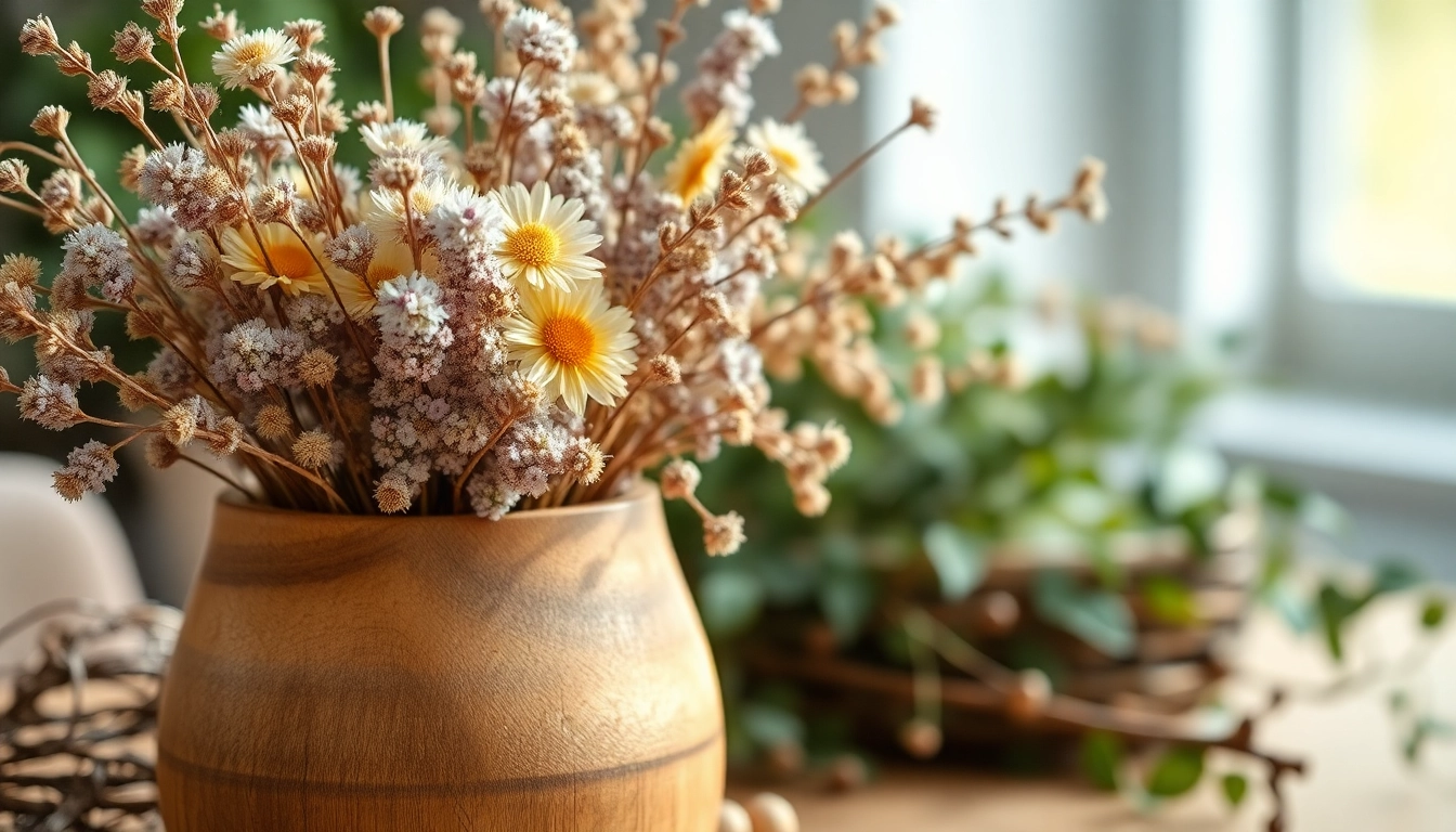 Dried flowers showcased in a rustic vase, highlighting their vibrant colors and natural textures.