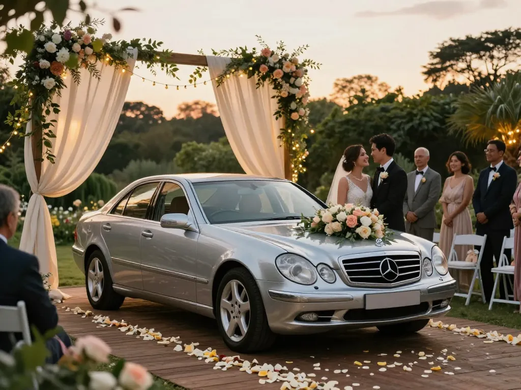 Thuê một chiếc Mercedes cưới để có trải nghiệm sang trọng với một chiếc xe được trang trí đẹp mắt và một cặp đôi lãng mạn.