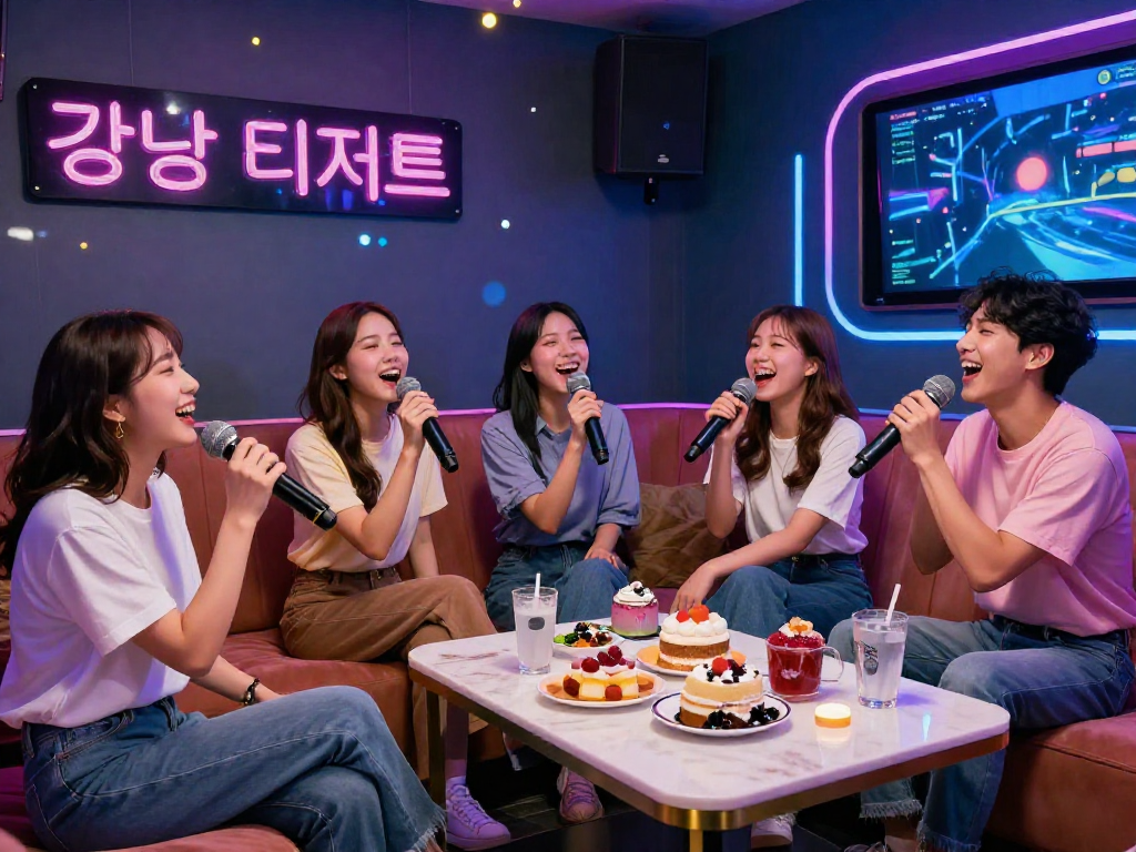 디저트 가라오케에서 친구들과 함께 즐거운 시간을 보내는 모습, 다양한 디저트와 함께한 카라오케 장면