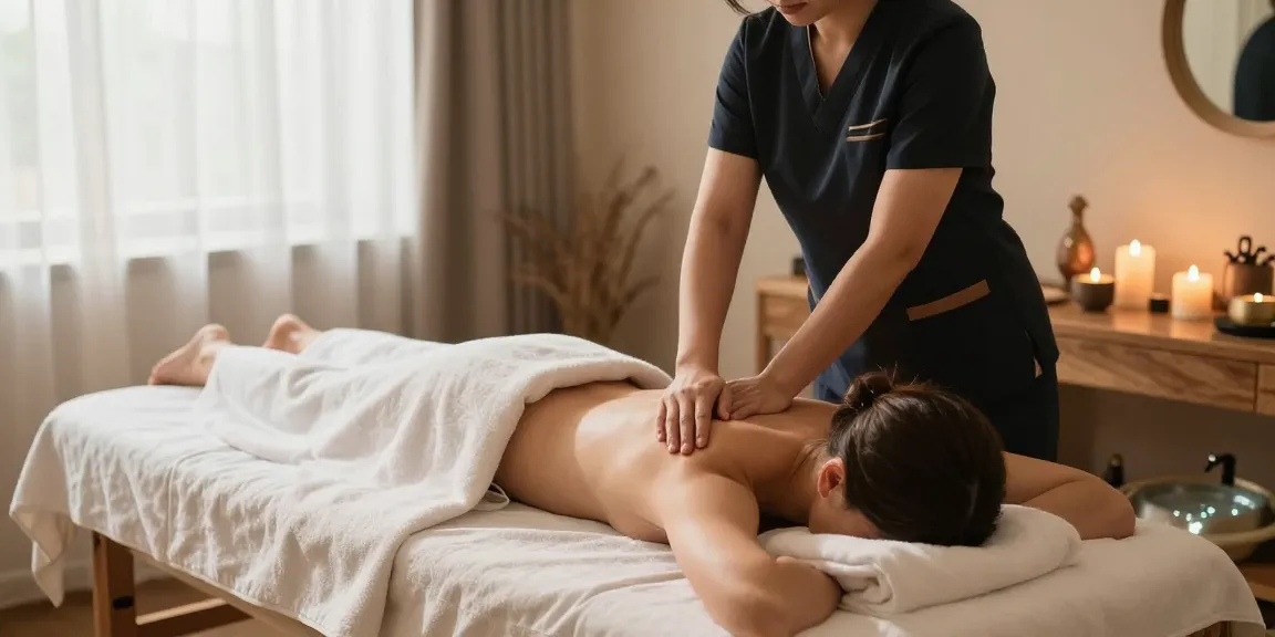 마사지 중인 고객과 마사지사, 아늑한 스파 테라피룸의 모습