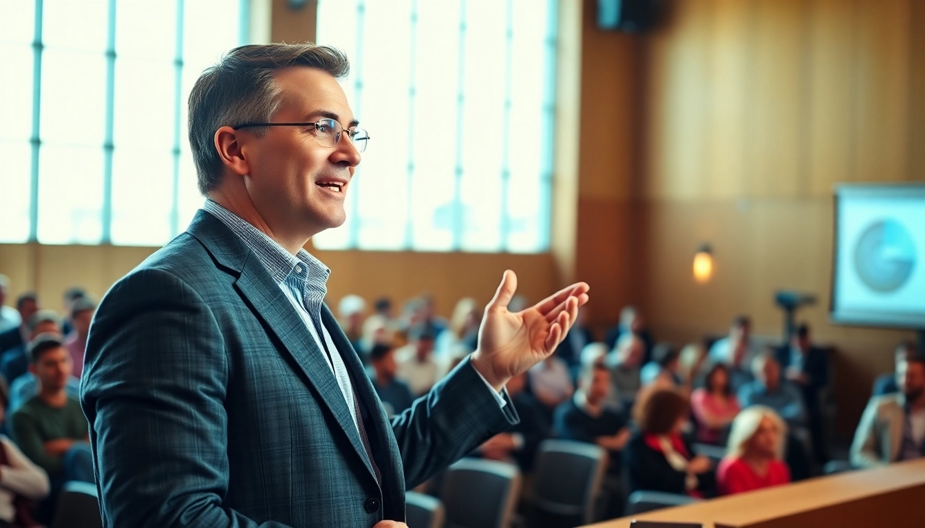 Public Speaking Coach captivating audience with energetic presentation.