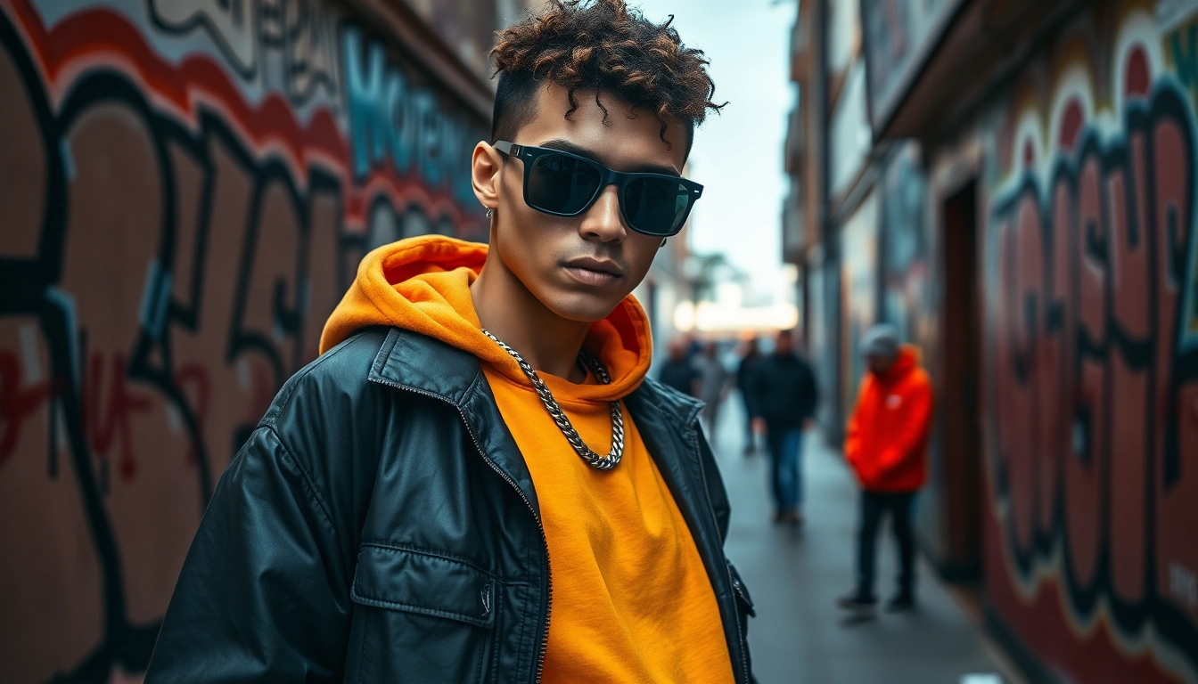 Showcasing modernstreet apparel worn by a model against an urban backdrop.