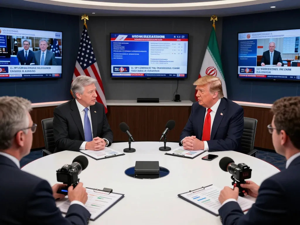 Analysts discussing Trump's Iran policy in a dynamic political debate scene.