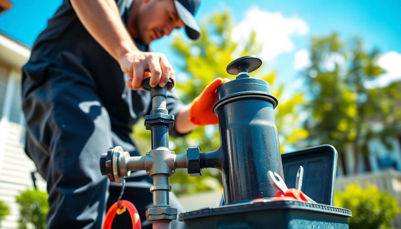 Technician performing well pump replacement in a bright outdoor setting with tools.