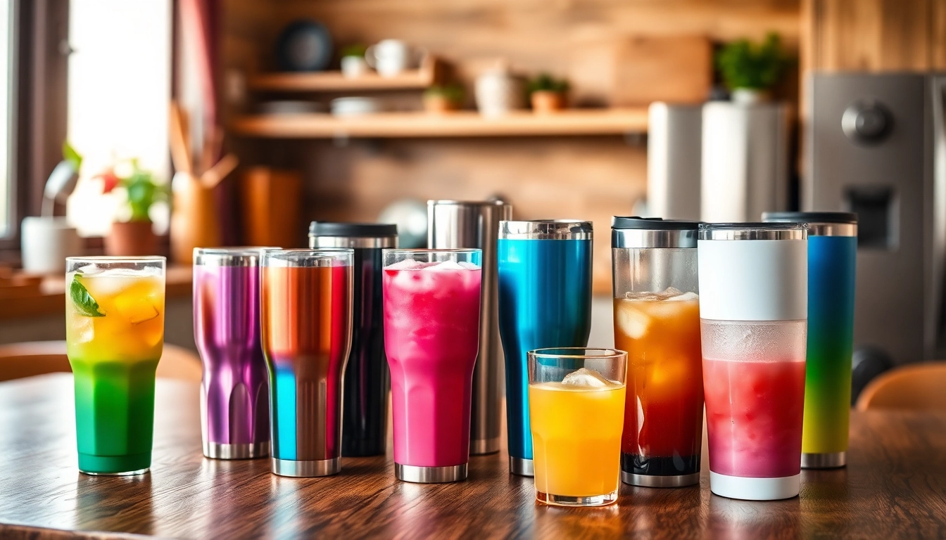 Display of colorful tumblers filled with refreshing beverages on a wooden table.