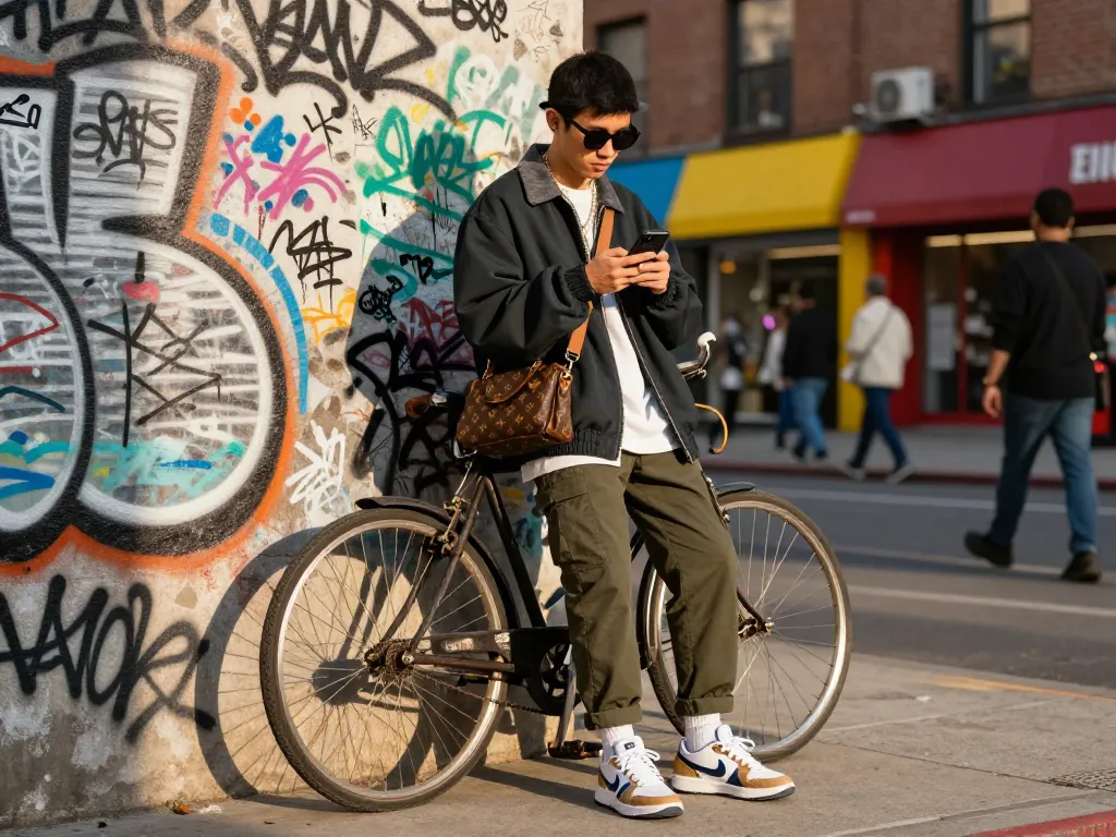 Stylish individual showing 레플리카 accessories in urban fashion scene with vibrant graffiti background.