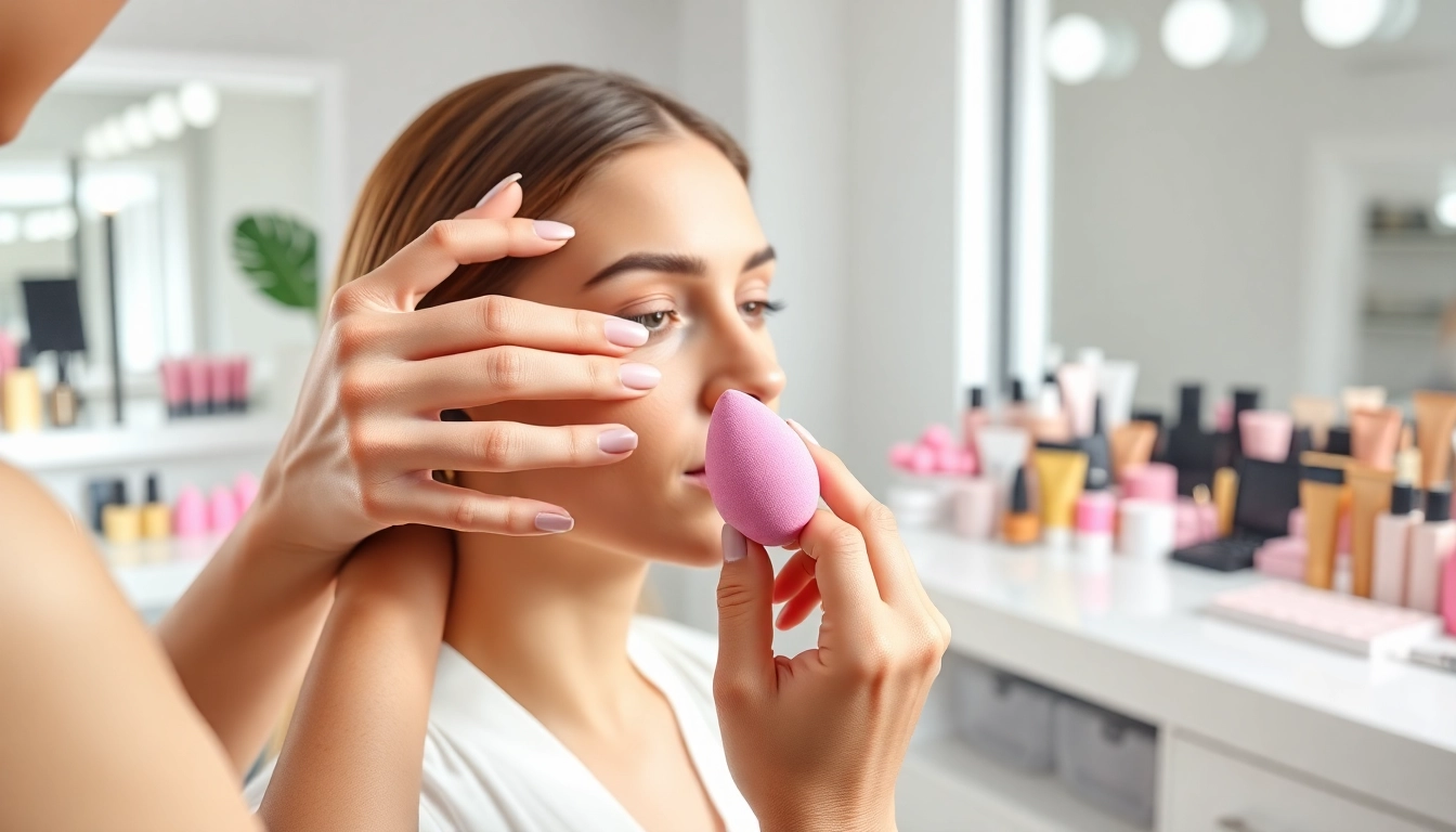 Using a silicone beauty blender for flawless makeup application in a bright beauty studio.