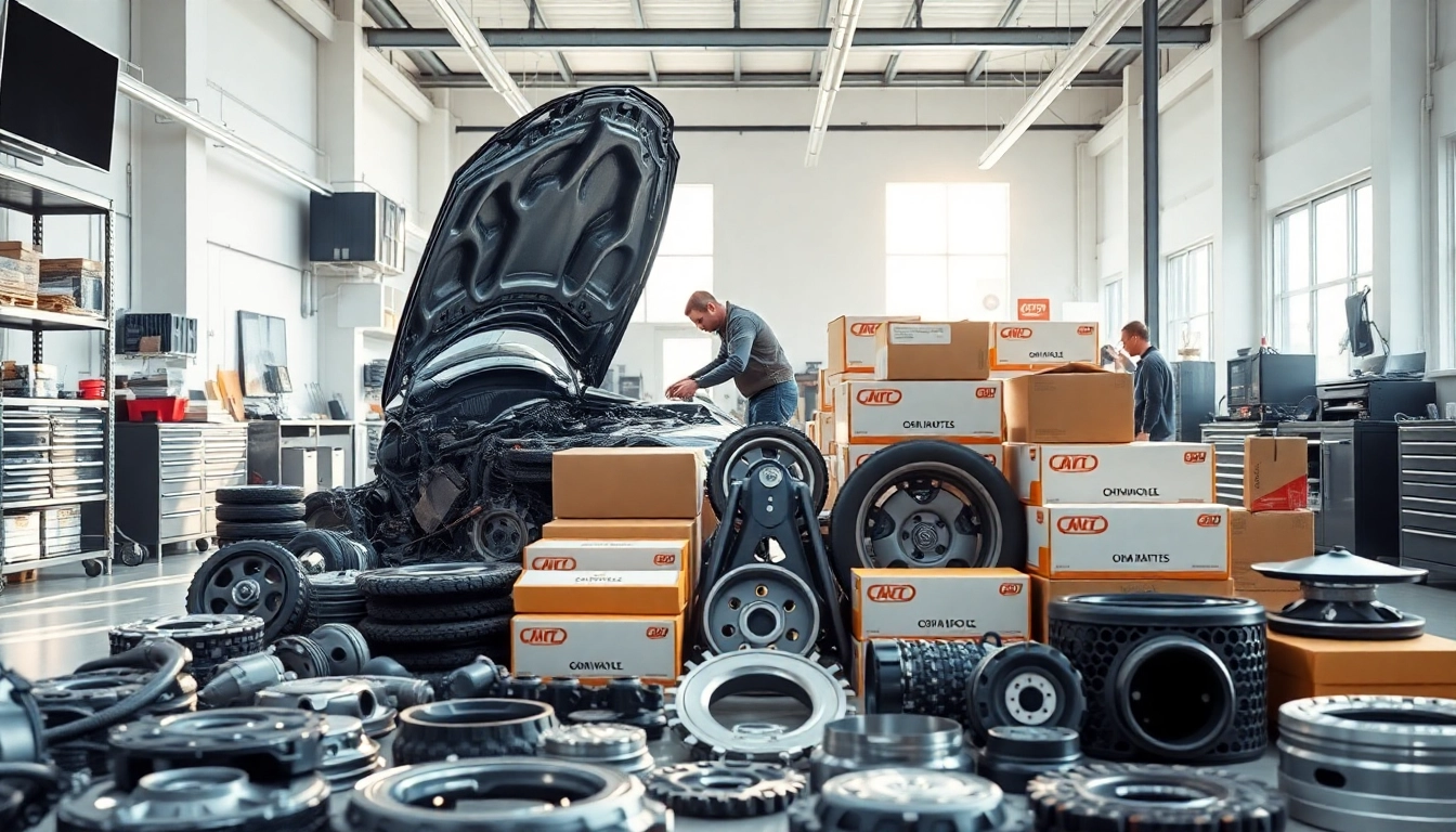 Technician demonstrating OEM Replacement car parts in a bright automotive workshop environment.
