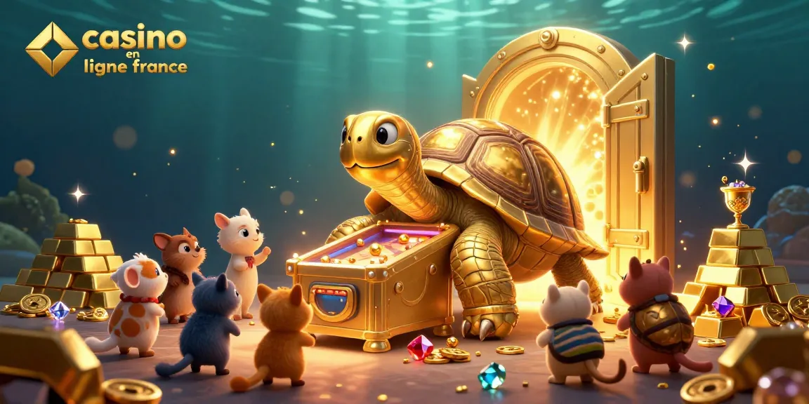Les jeux dans un casino en ligne France avec une tortue géante, la lumière dorée et des trésors autour.