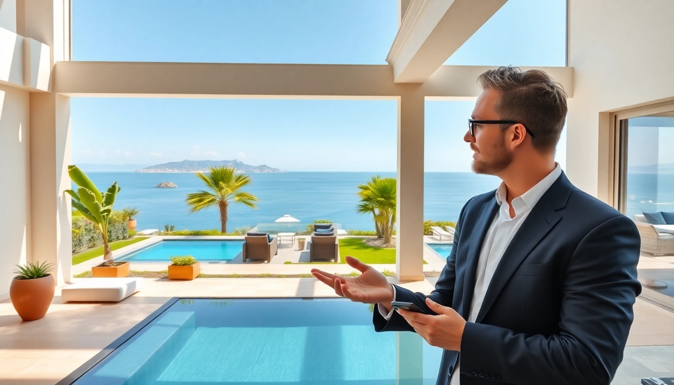 Explore real estate alanya options with a professional showcasing a luxury villa.