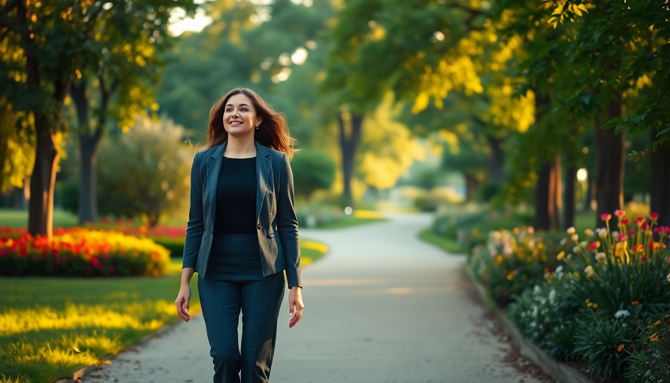 Empowered woman walking through a serene park, symbolizing Life in a Break Down personal journey.