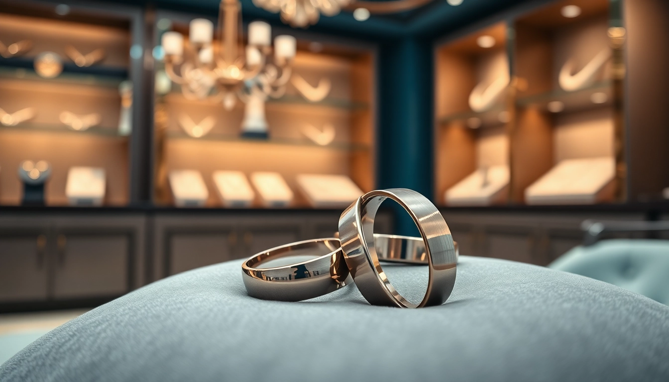 A pair of stunning tungsten wedding bands showcased on a velvet cushion, exuding elegance.