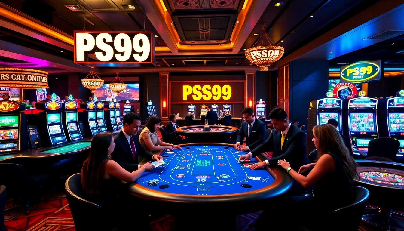 Engaging players at PS99 casino table with colorful chips and vibrant slot machines.