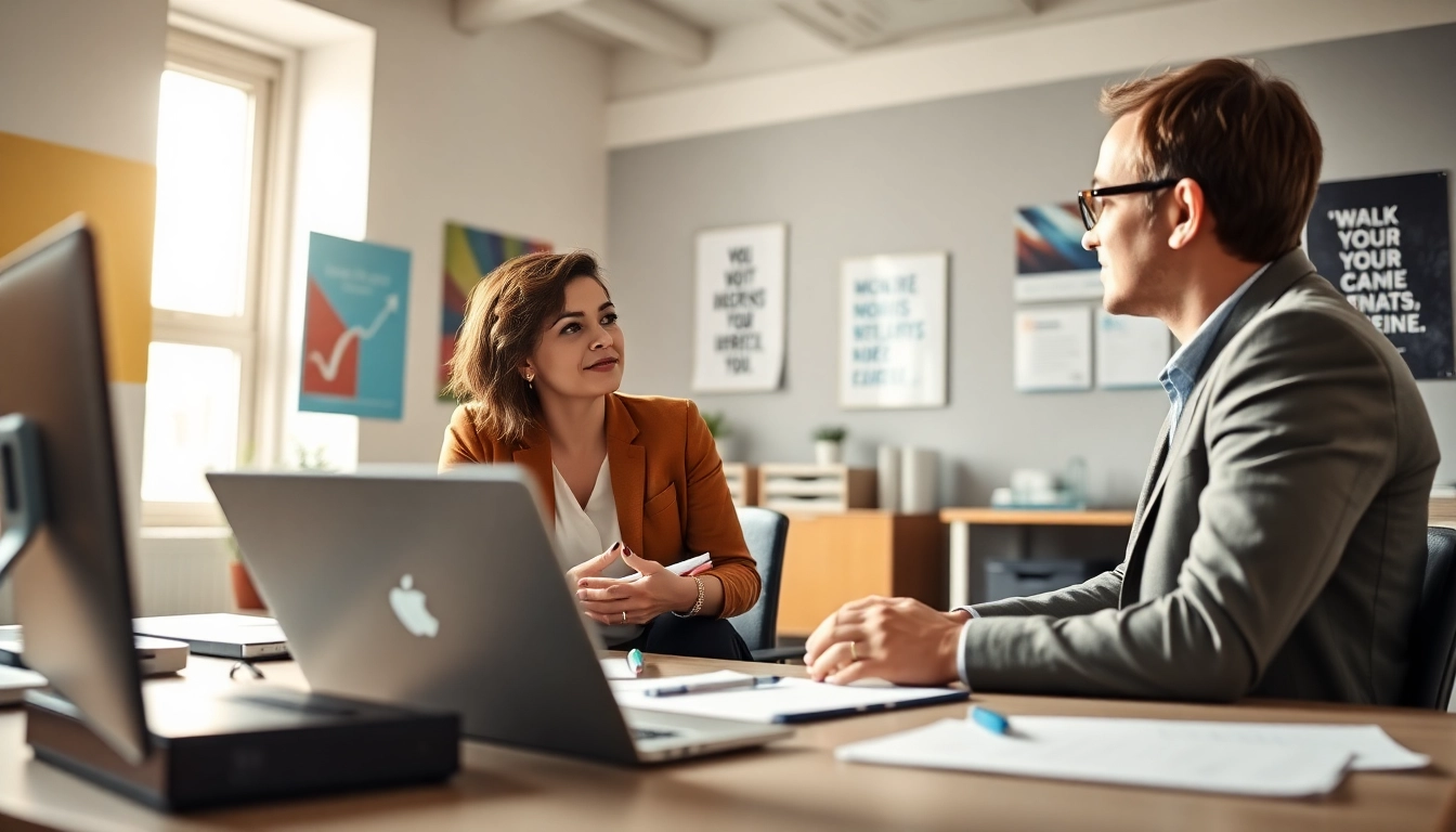 Career coaching session with a professional coach and client in a bright office.