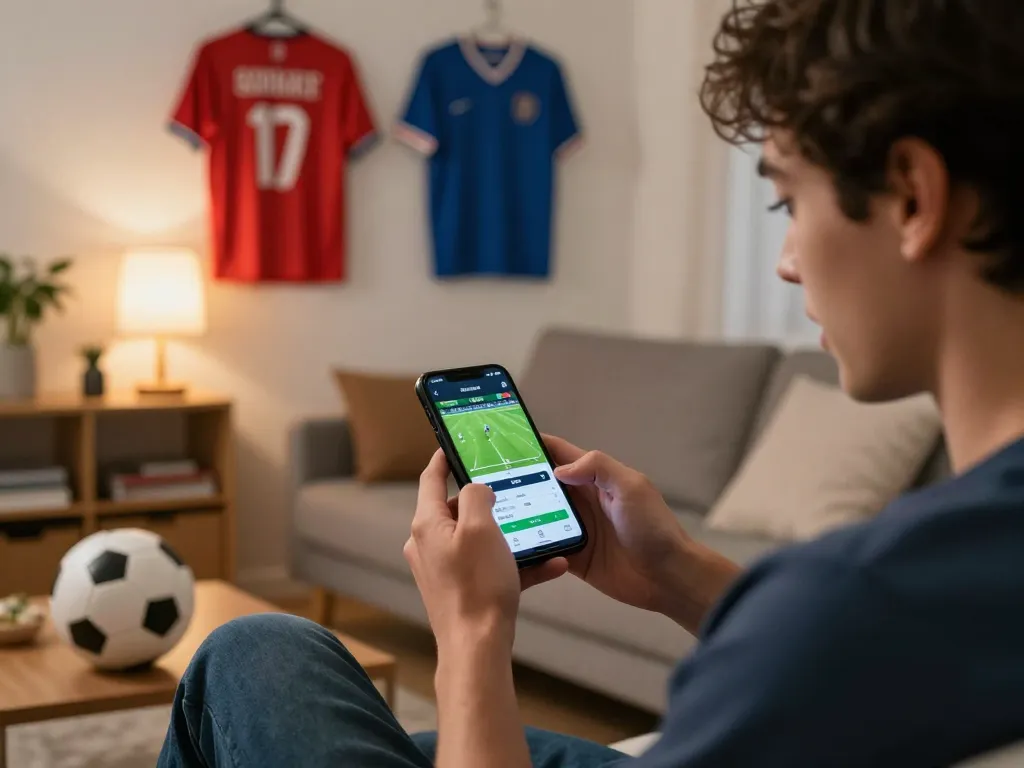 Engaging user placing bets on cacuocbongda app during live football match, strategic game elements visible.