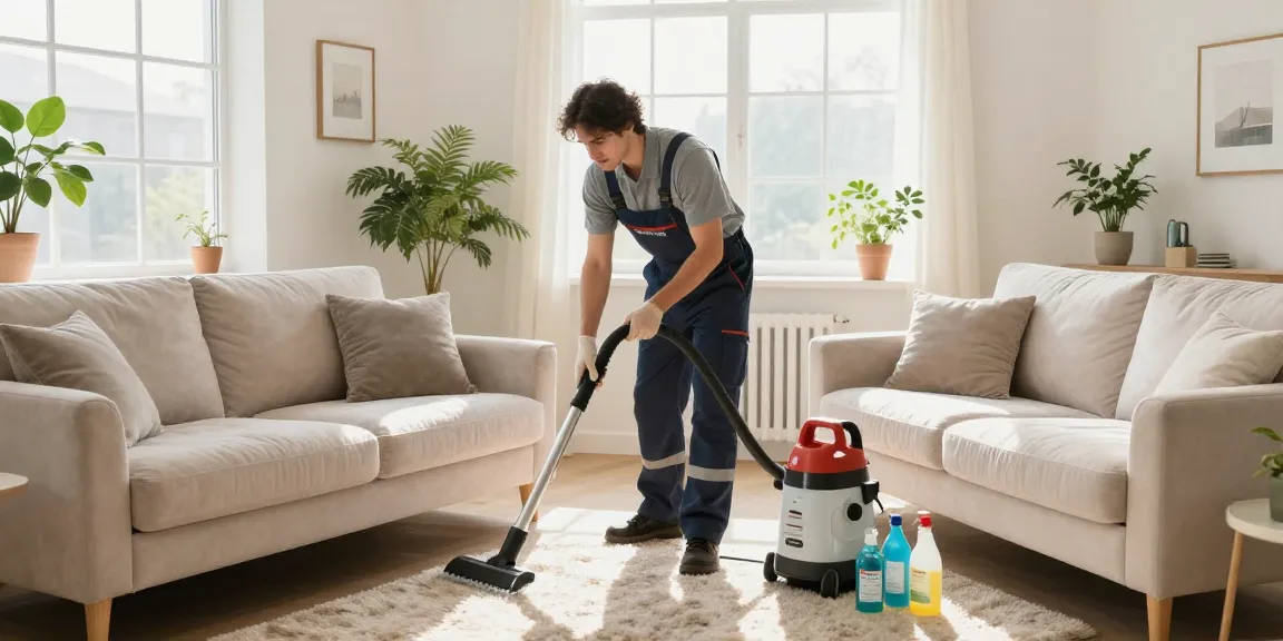 Upholstery cleaning near me in a bright living room, showcasing professional service and attention to detail.