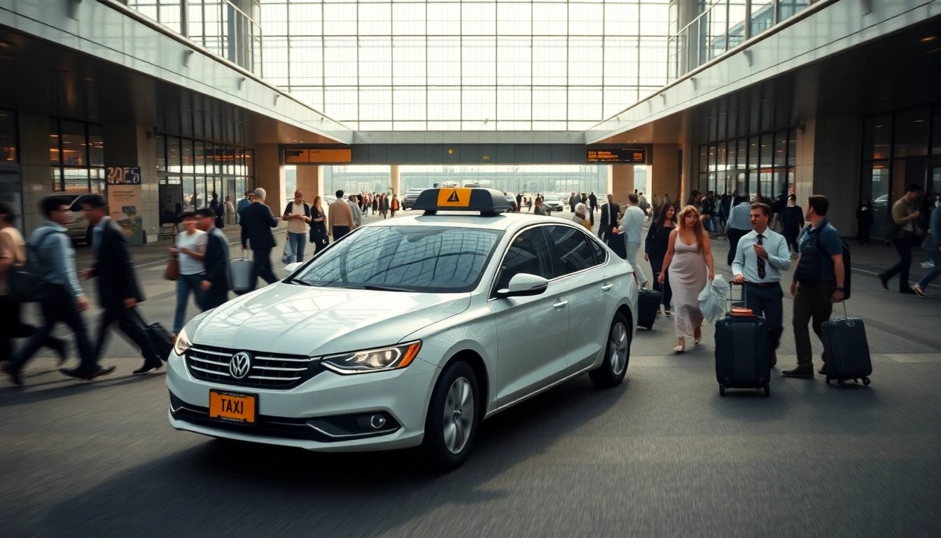 Booking long distance taxi transfers with professional service at an airport terminal.