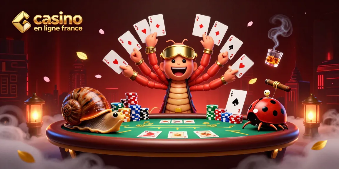 Illustration d'un casino en ligne France avec un croupier millipède et des éléments de poker