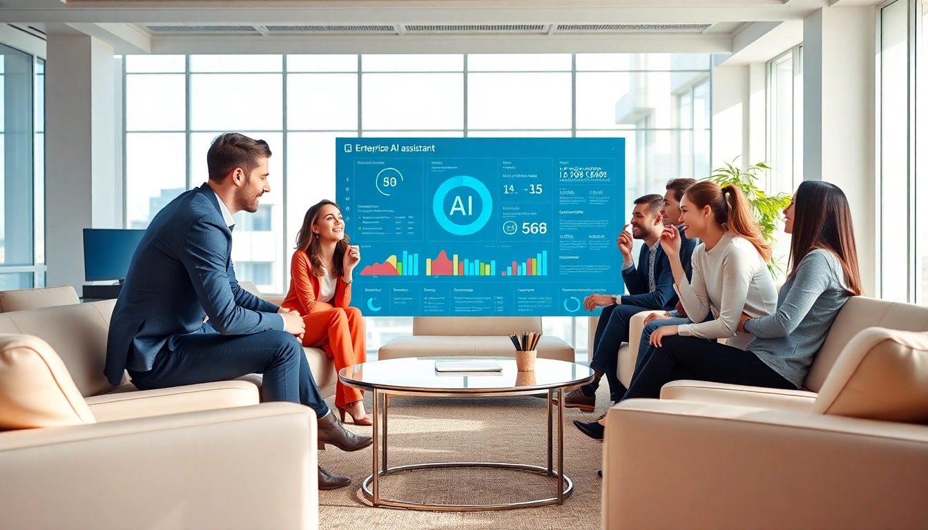 Showcase of an enterprise ai assistant in a vibrant workspace fostering collaboration.