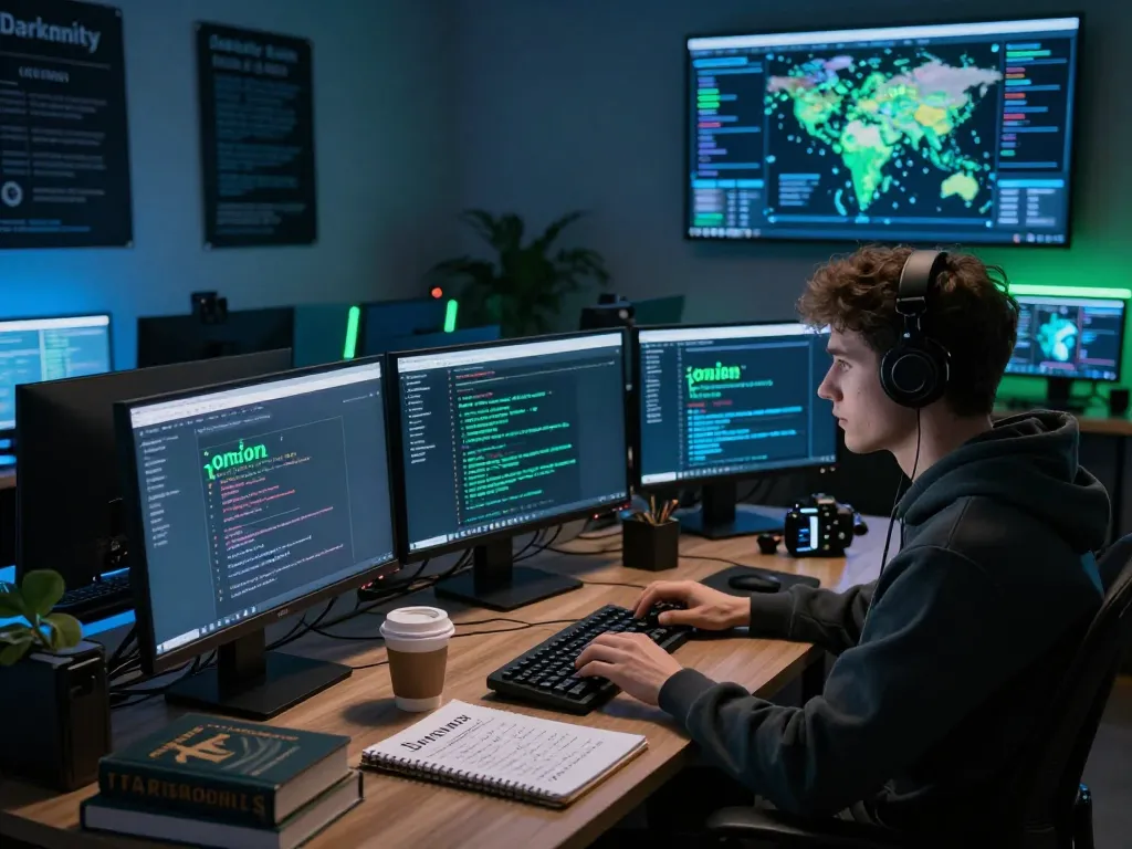 Focused individual exploring hidden wiki content on dark web in a tech-savvy environment.