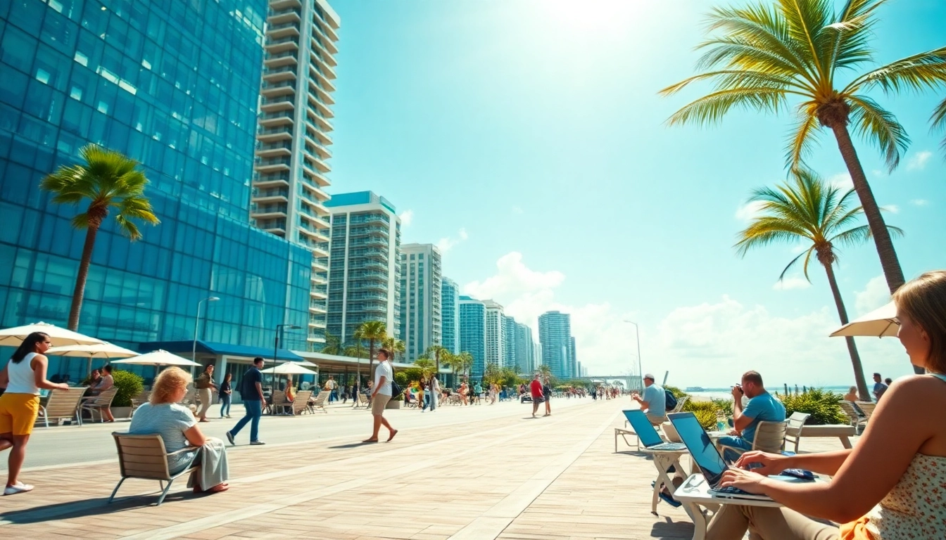Clearwater FL SEO specialists analyzing online strategies amidst a vibrant city backdrop.
