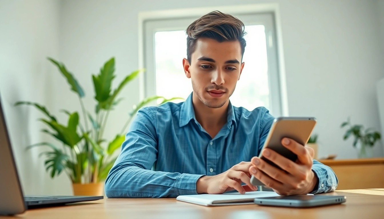 Examining an old smartphone for cash for old phones, showcasing a bright home office.