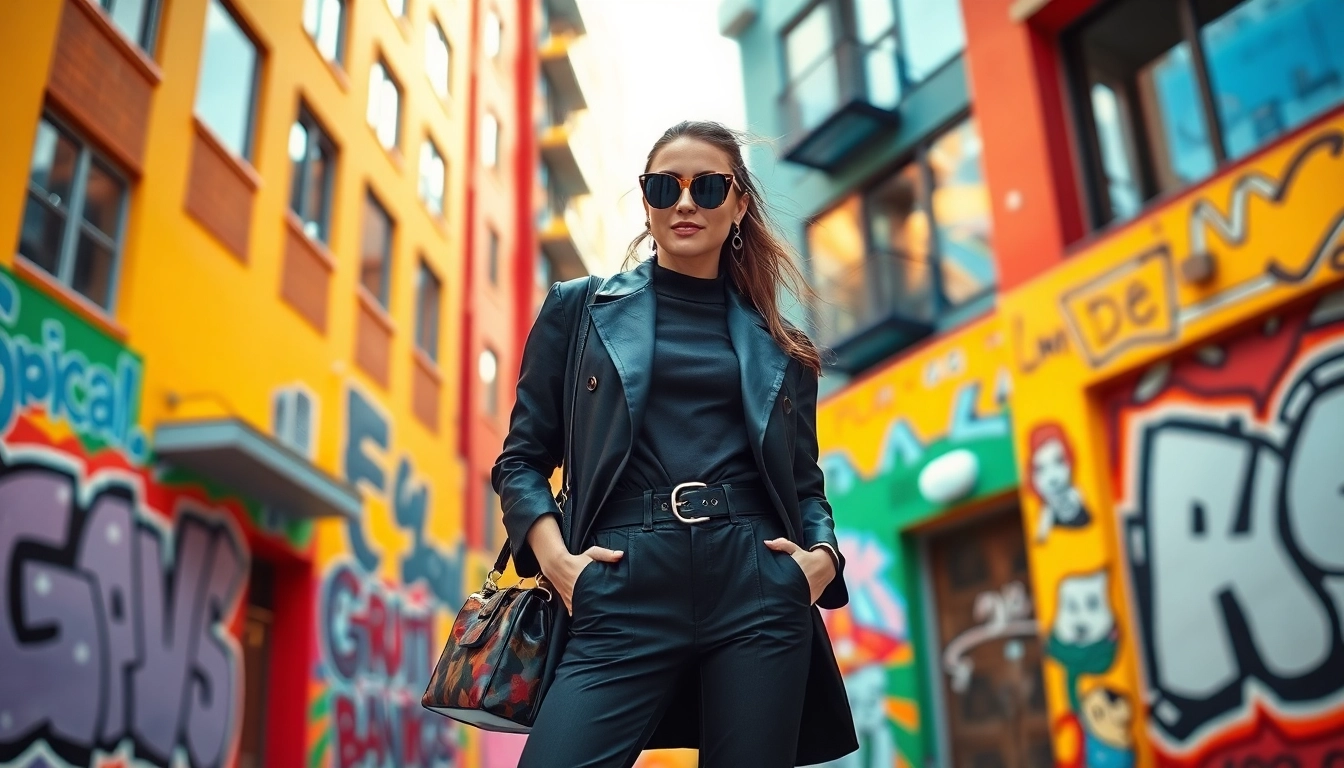 Model displaying modern Fashion style in an urban setting with vibrant colors.