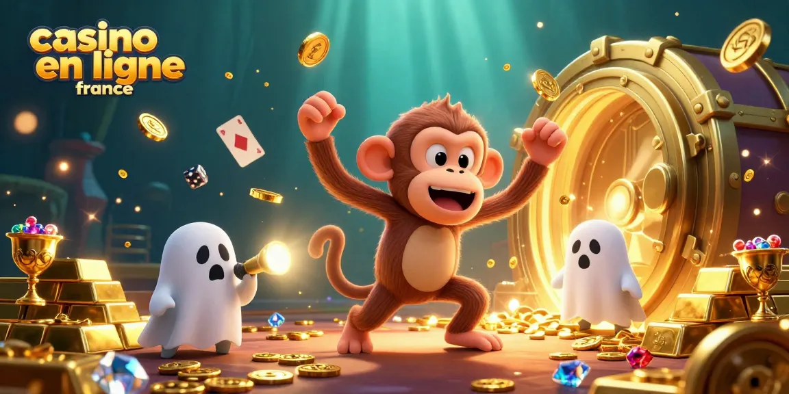 Une scène de casino en ligne France avec un singe farceur et un chiot chasseur de fantômes, jonglant des objets dorés.