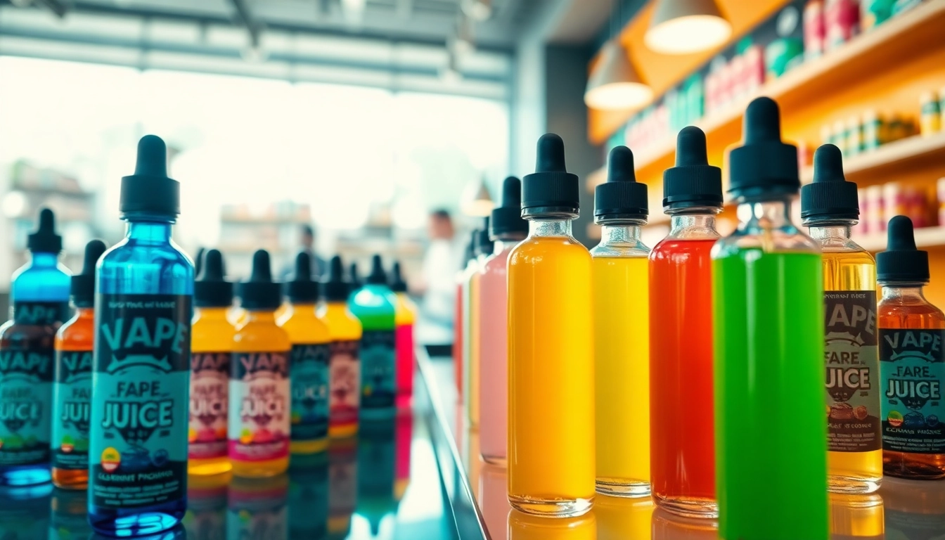 Showcasing vape juice bottles in a vibrant retail setting with enticing flavors.