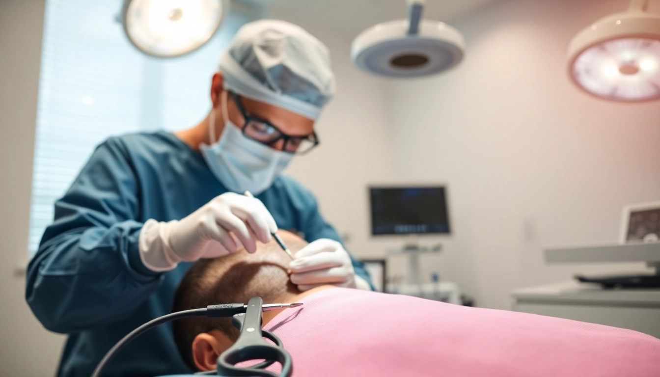 Expert performing a hair transplant procedure with precision in a modern clinic setting.