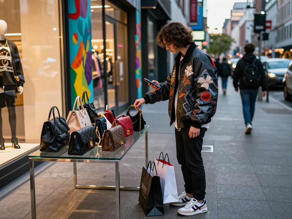 Shopping experience at a 레플리카 사이트 featuring luxury replica bags in a vibrant urban setting.