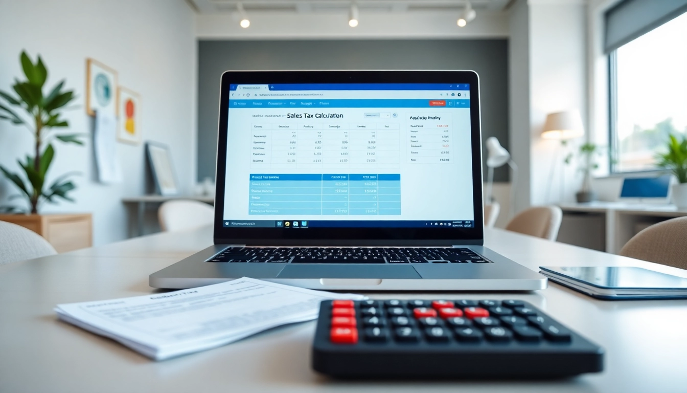 Showcase Sales tax solutions for ecommerce on a professional workspace with a laptop.