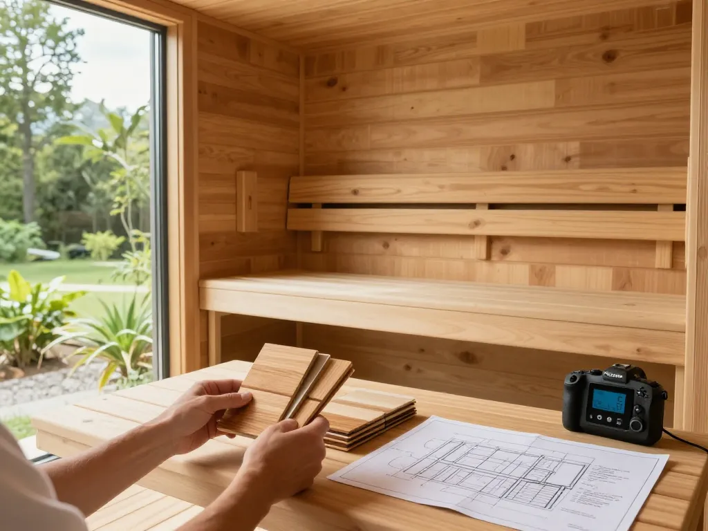Sauna customization process with wood finish samples and design plans in a bright home setting.