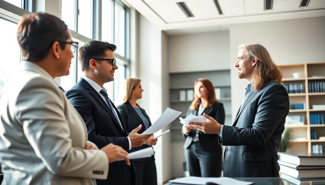 Experienced USA lawyers consulting with clients in a professional office.
